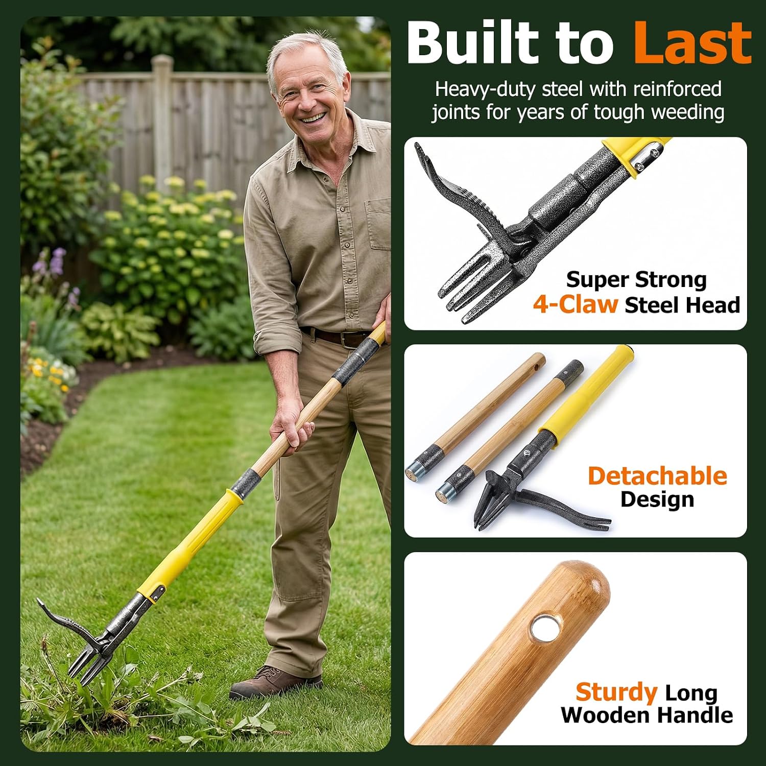 Weed Puller Tool Stand Up With Slide-Release Ejection, Reinforced Steel Weeder With 3-Section Long Handle, No-Touch Cleaning For Lawn & Garden, Heavy Duty No Bend Weeding Tool For Dandelions, Thistles