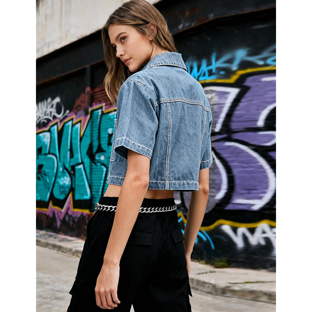 Women'S Denim Top, Short Sleeve Cropped Denim Jacket Button Down Casual Jean Jacket Shirt With Pocket