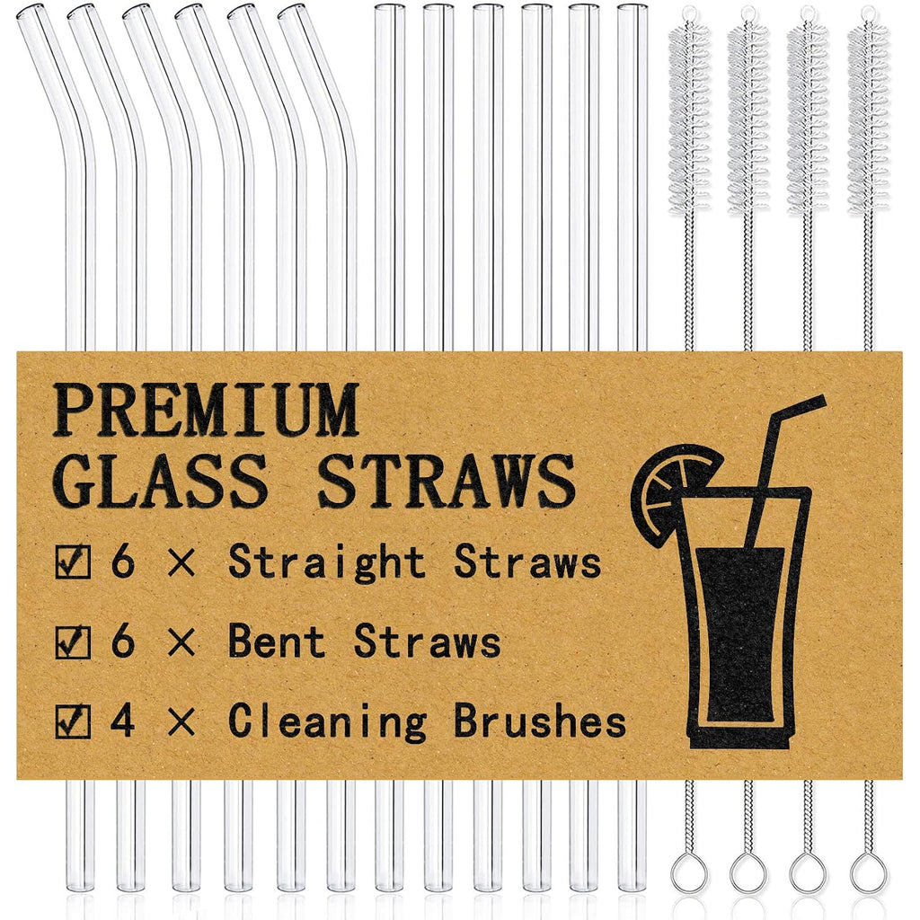 Piteno® 12Pcs Glass Straws With 4Pcs Brushes, Reusable Clear Glass Drinking Straws, 8.5''X10Mm, Set Of 6 Straight And 6 Bent With 4 Cleaning Brushes, Perfect For Smoothies, Milkshakes, Juice, Tea