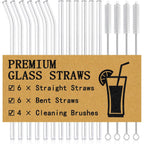 Piteno® 12Pcs Glass Straws With 4Pcs Brushes, Reusable Clear Glass Drinking Straws, 8.5''X10Mm, Set Of 6 Straight And 6 Bent With 4 Cleaning Brushes, Perfect For Smoothies, Milkshakes, Juice, Tea
