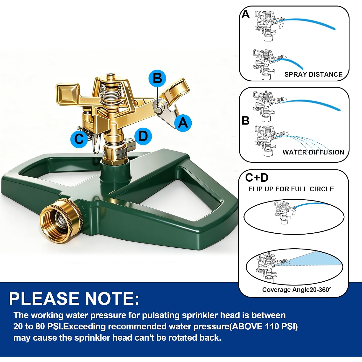 Hourleey Impact Pulsating Sprinklers For Yard - Heavy Duty Lawn Sprinkler With Metal Base, Adjustable Rotating 360 Degree For Large Area Garden, Coverage Up To 5,800 Sq. Ft