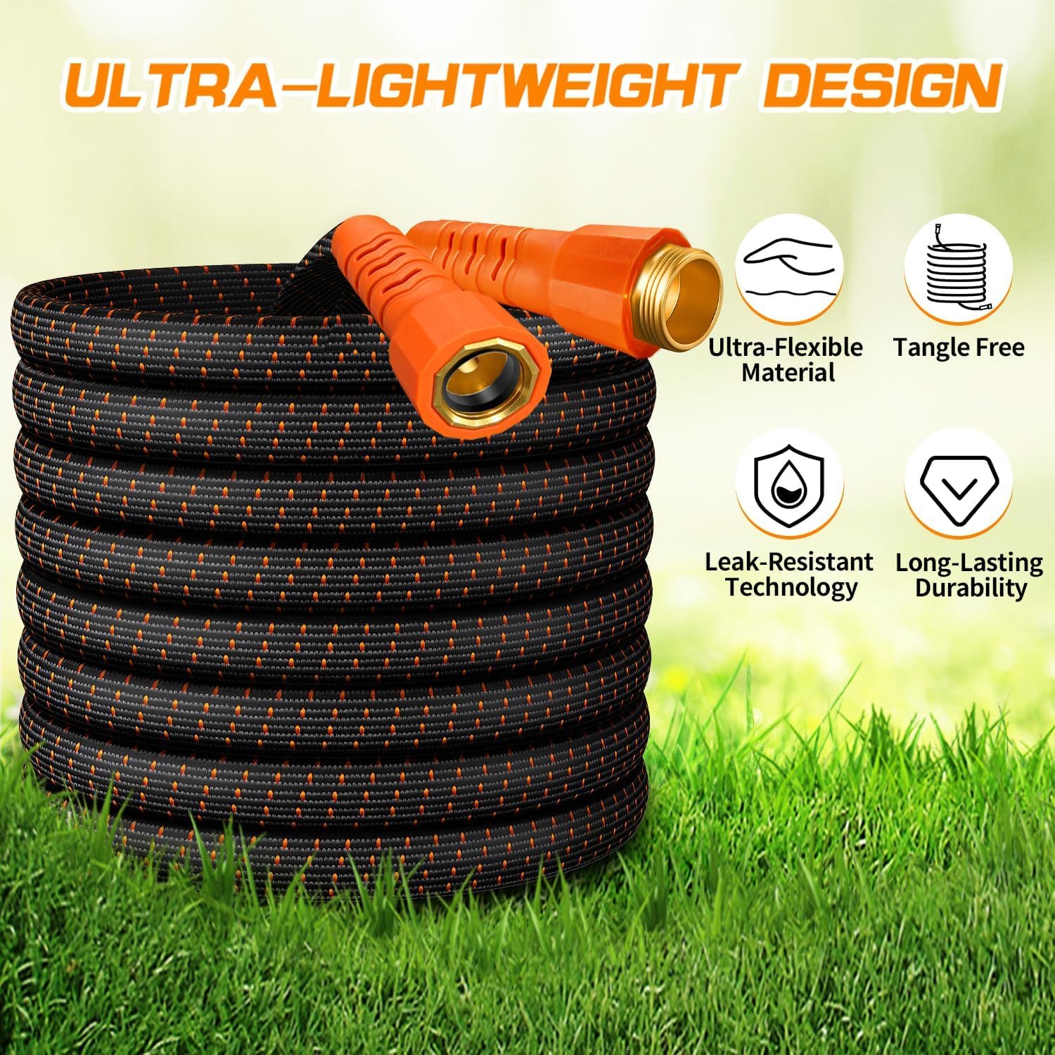 50Ft Flexible Garden Hose & 10Modes Nozzle,Lightweight Water Hose,Kink-Free,All-Weather Heavy Duty Hose For Rv,Boat,Car Wash,Garden,Yard,Camper,Outdoor (Orange-Black, 50 Feet)