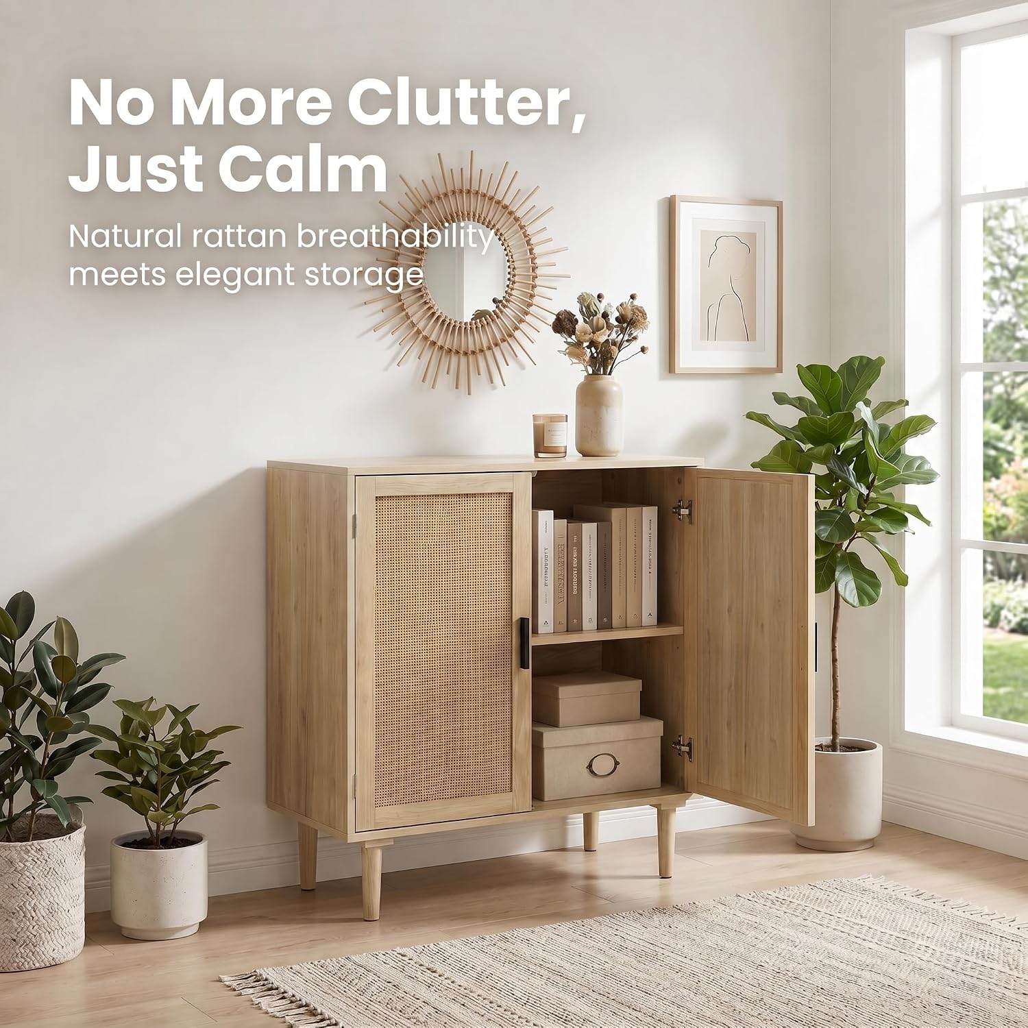 Finnhomy Sideboard Buffet Cabinet, Kitchen Storage Sideboard With Rattan Decorated Doors, Liquor Coffee Buffet, Dining Room, Hallway, Console Table, Accent Cabinet, 31.5X 15.8X 34.6 Inches, Natural