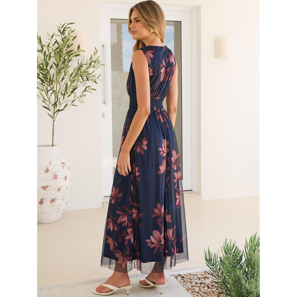 Anrabess Women'S Floral Tulle Wedding Guest Maxi Dress | V Neck Sleeveless,A-Line Elastic Waist,Casual Flowy Formal Boho,Bridal Shower Garden Party Beach Vacation,Summer Fall
