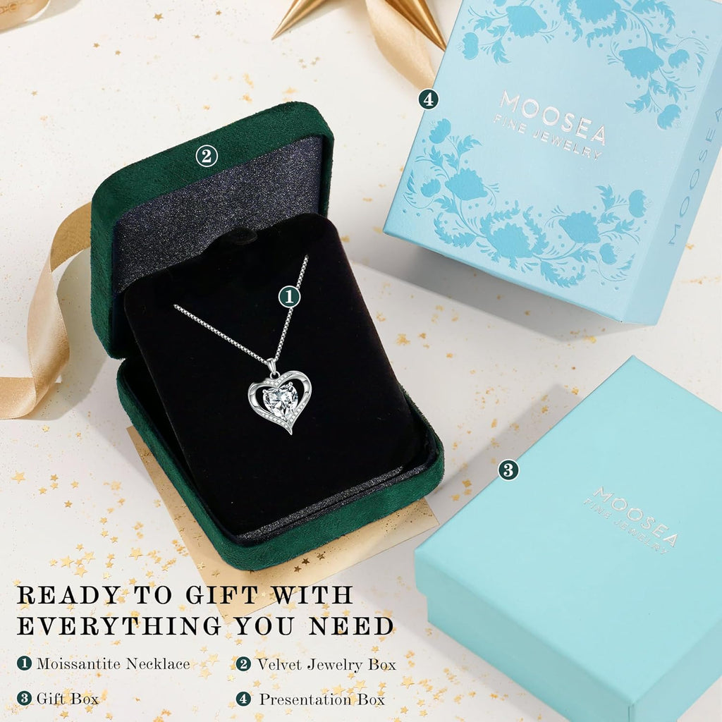 MOOSEA Mothers Day Gifts for Wife, 1-3CT Heart Moissanite Necklace for Women, 925 Sterling Silver with Rhodium Plating Moissanite Necklace Anniversary Birthday Mothers Day Gifts