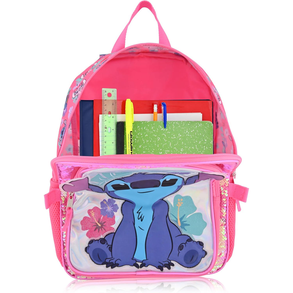 Disney Lilo And Stitch Backpack With Lunch Box For Girls With Glitter | Sequined Insulated Lunch Bag Lunch Box For Girls, Boys, Toddlers | Stitch Pink Backpack For School And Reusable Lunchbox