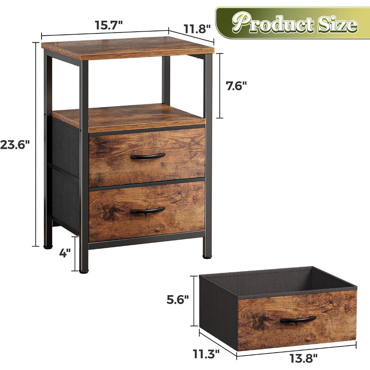 Huuger Night Stand Set 2, Nightstand With 2 Drawers, Bed Side Table With Open Shelf, Wooden Top, End Table, Fabric Drawer, For Bedroom, Rustic Brown