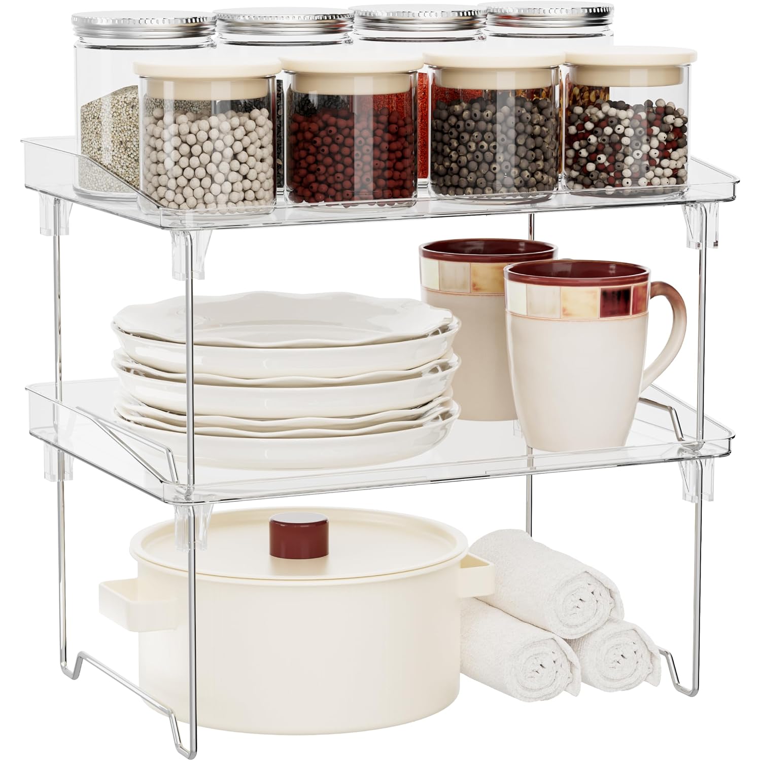 Starlatta 2 Pcs Cabinet Organizer Shelf, Stackable Kitchen Counter Shelves, Spice Rack,Countertop Organizers, Clear Plastic Storage Shelves Rack For Makeup,Bathroom,Cupboard,Desk,Pantry Organization