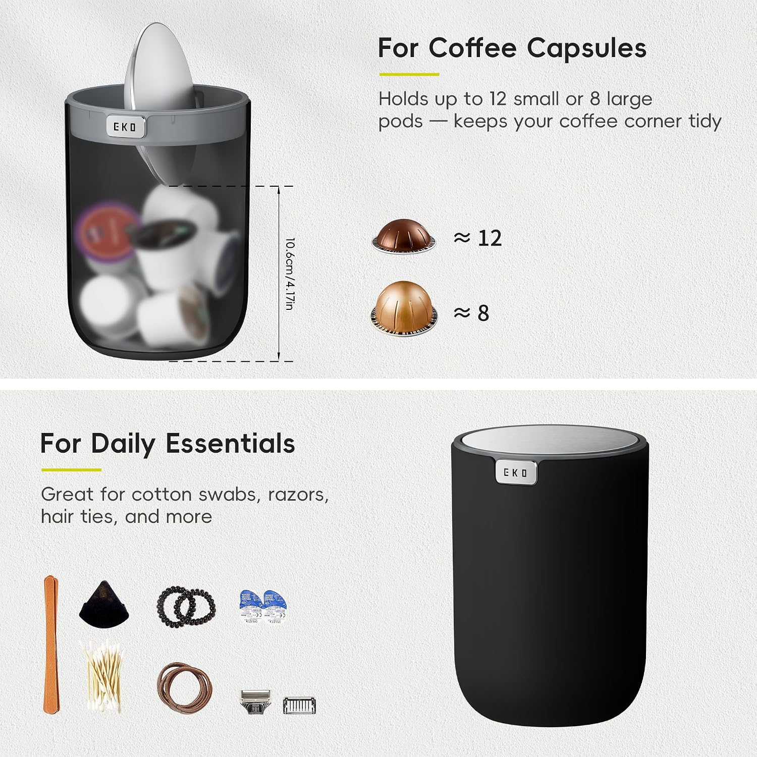 Eko Fandy 0.4 Gal/1.5L Mini Tabletop Trash Bin With Swing-Lid, Desktop Trash Can For Bathroom Countertop, Vanity, Coffee Or Office, Small Garbage Bin (Black)