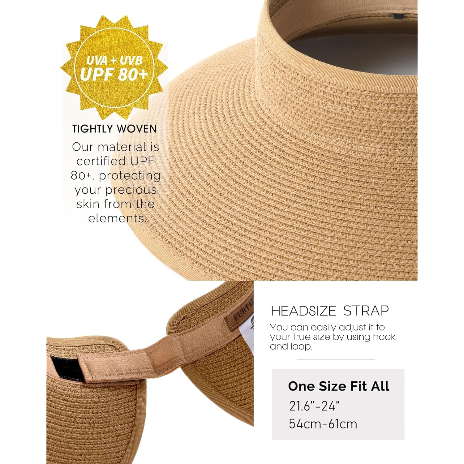 FURTALK Sun Hats for Women Wide Brim Beach Hat Straw Visor Ponytail Summer UV Packable Foldable Beach Vacation Essentials