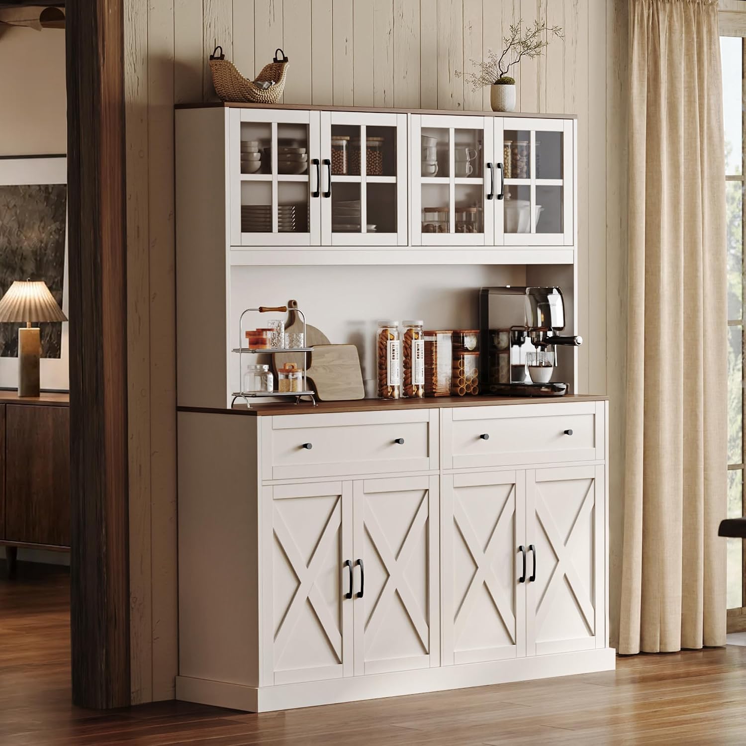 71''H X 55.1''W Pantry Cabinet With Charging Station, 4 Wide Cabinets Kitchen Pantry With 2 Drawers, Farmhouse Hutch Storage Cabinet, Tall Coffee Bar, Acrylic Door, Adjustable Shelves, White