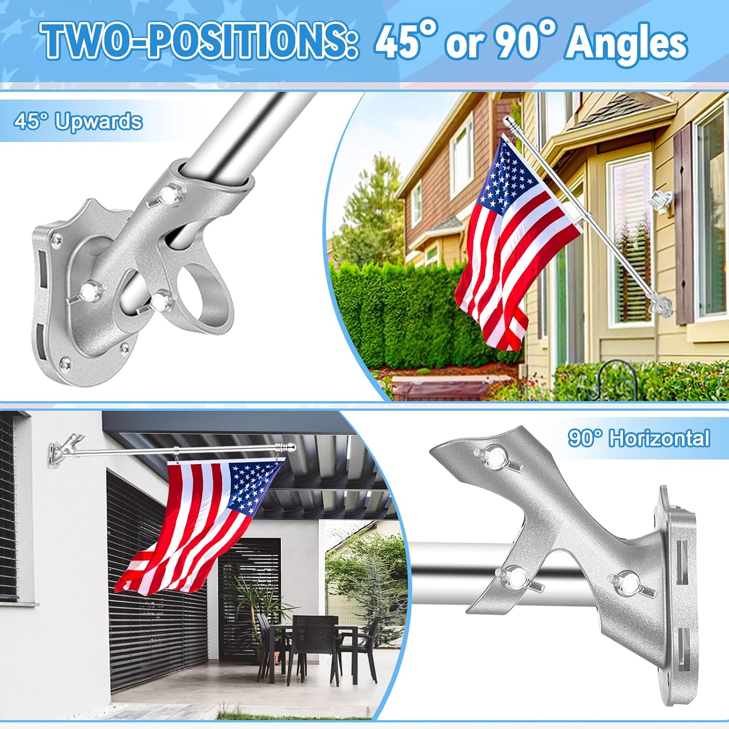 1" Flag Pole Holder For Outside House, Reeron 2-Positions Metal Flagpole Bracket Mounts, Aluminium Rustproof Flag Pole Wall Porch Mounting Brackets With 3 Fixed Holes & Steel Hardwares (Silver-1 Pack)