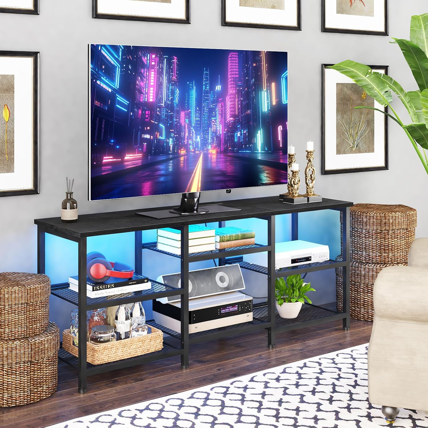 Ygeomer Entertainment Center For Tvs Up To 50 Inch, Entertainment Stand With Power Outlet And Led Lights Open Storage Shelves, Tv Console Table For Living Room And Bedroom, Black