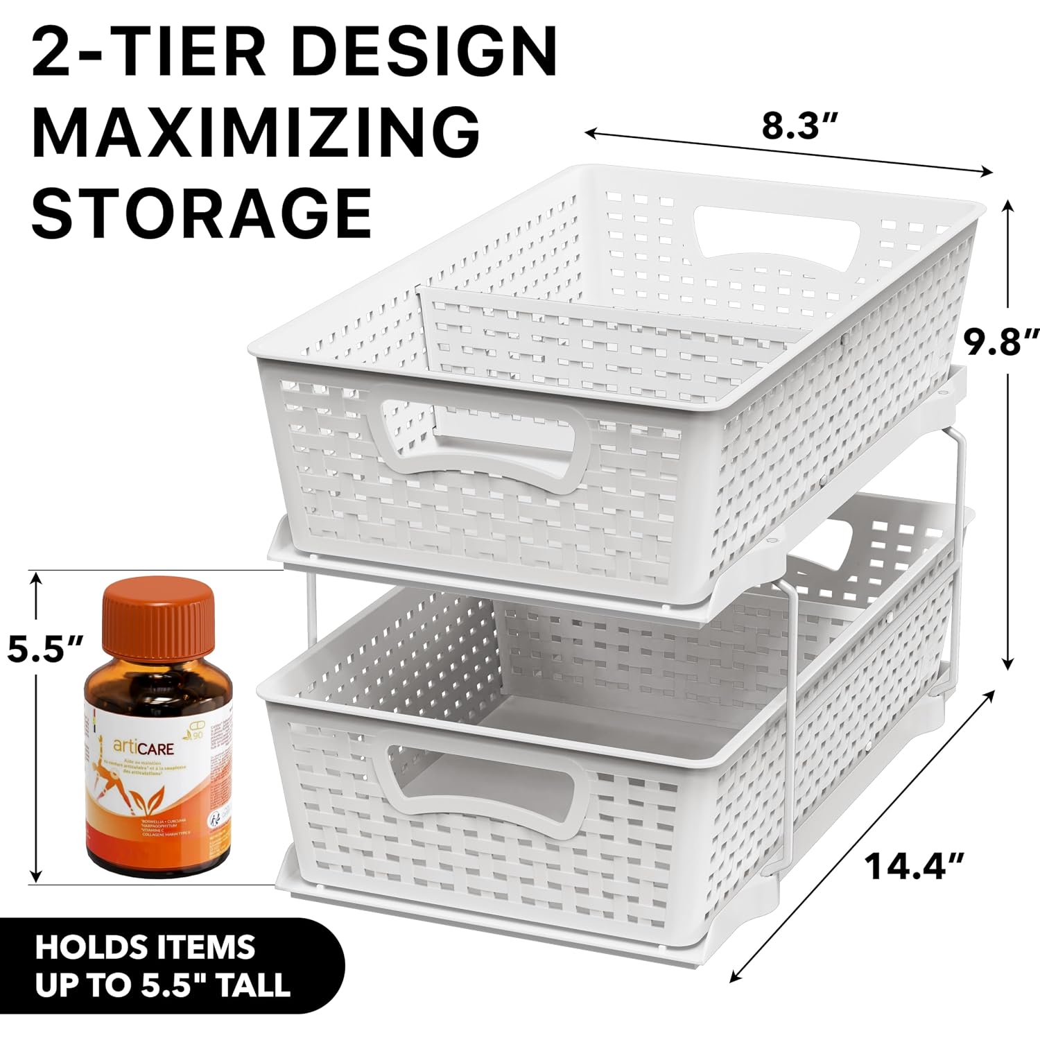 Simple Houseware 2 Tier Pull-Out Sliding Drawer Under Sink Storage, White | Great For Kitchen Bathroom Tray Shelf Organizer