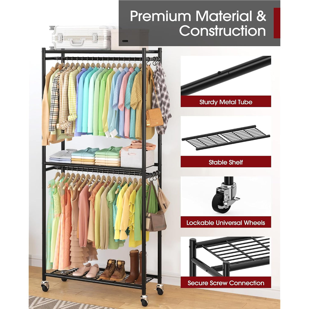 Clothes Rack - 33.0" X 12.2" X 79.5" Clothing Rack With Shelves & Wheels, Multi-Functional Wardrobe Closet With Hooks, Sturdy Metal Garment Rack For Bedroom, Laundry, Balcony (Black)