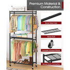 Clothes Rack - 33.0" X 12.2" X 79.5" Clothing Rack With Shelves & Wheels, Multi-Functional Wardrobe Closet With Hooks, Sturdy Metal Garment Rack For Bedroom, Laundry, Balcony (Black)