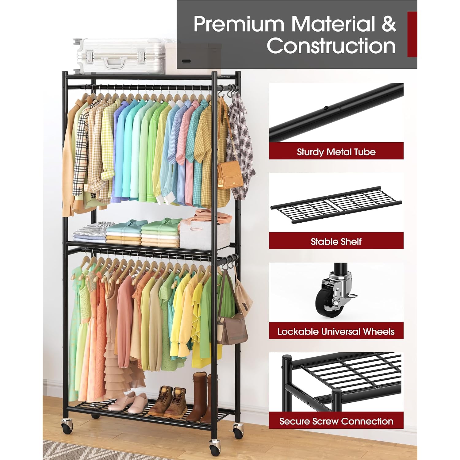 Clothes Rack - 33.0" X 12.2" X 79.5" Clothing Rack With Shelves & Wheels, Multi-Functional Wardrobe Closet With Hooks, Sturdy Metal Garment Rack For Bedroom, Laundry, Balcony (Black)