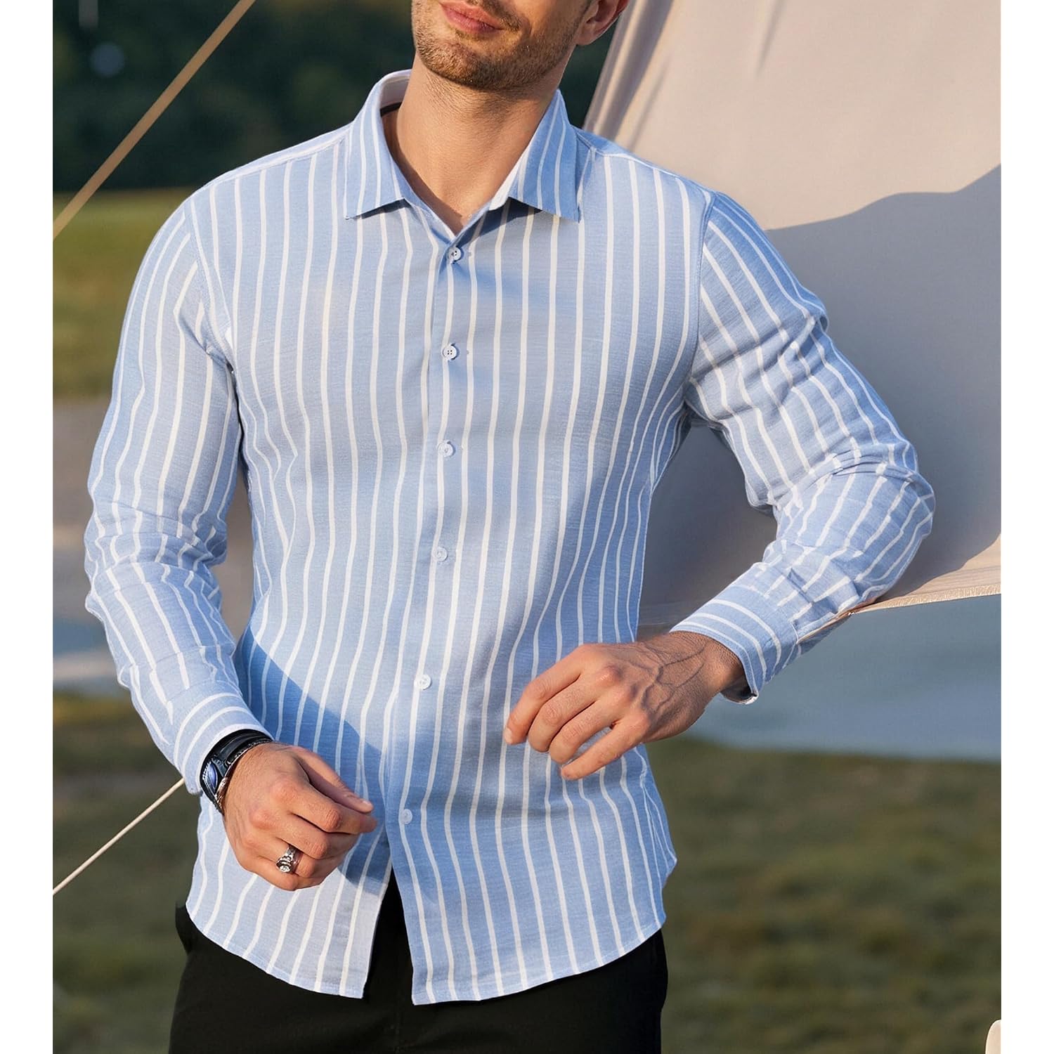 Alex Vando Mens Linen Long Sleeve Casual Button Down Shirt For Men Beach Wedding Shirts