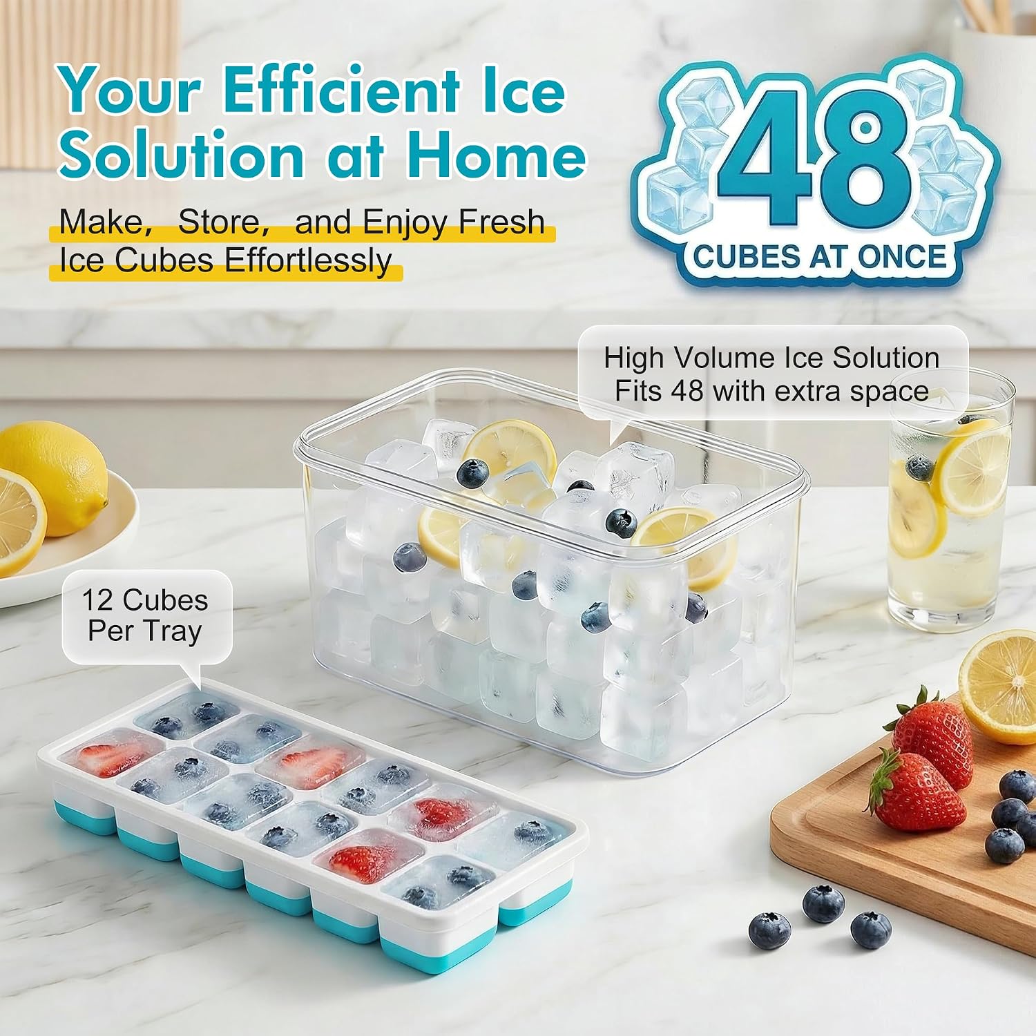 Nfk Ice Cube Tray With Lid & Bin - 4 Pack 48 Cubes Stackable Silicone Trays For Freezer With Storage Container, Leak-Proof Lids, Bpa-Free, Easy Release For Kitchen, Rv, Party, Cocktail & Coffee
