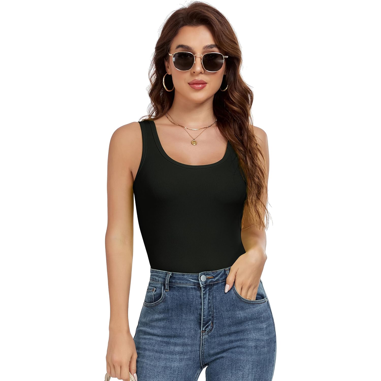 Tank Top for Women Summer Sleeveless Scoop Neck Ribbed Workout Tank Tops Slim Fitted Basic Cami Tee Shirts