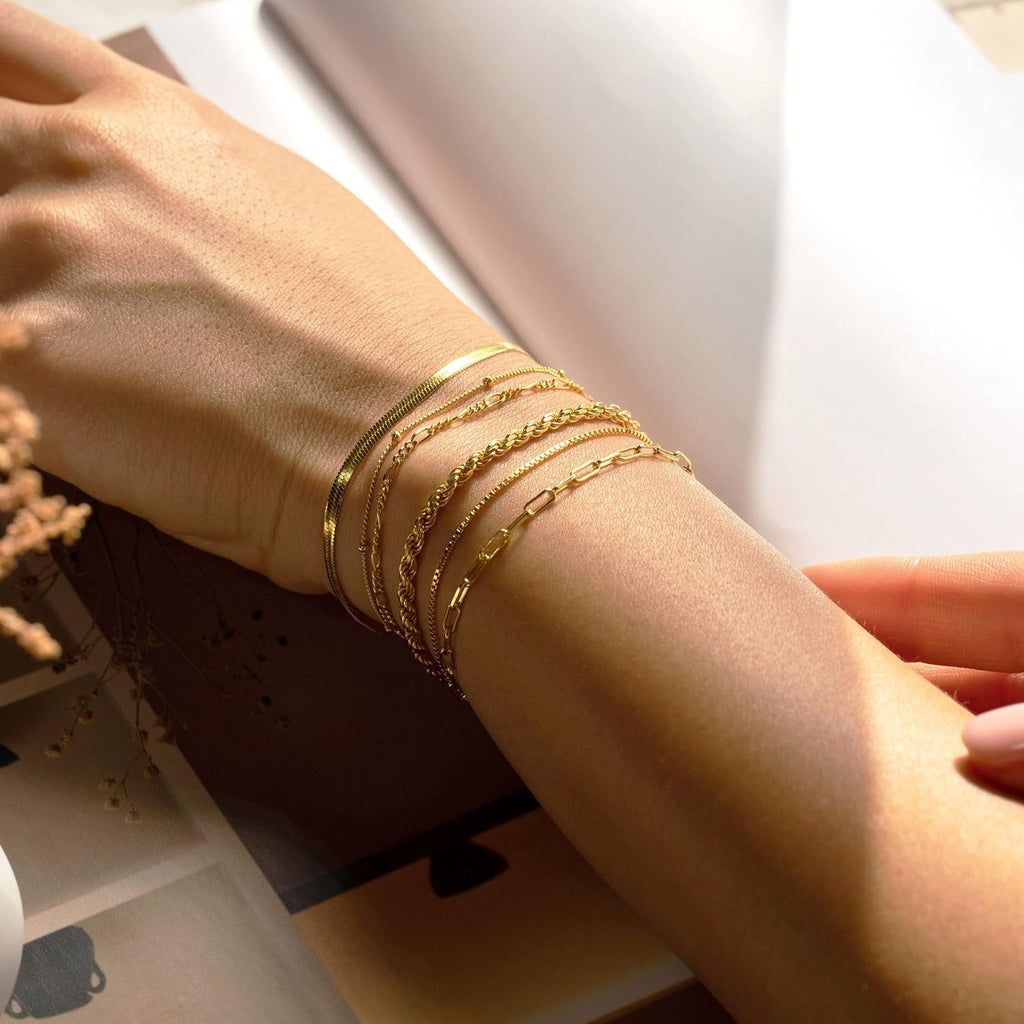 Mothers Day Gifts for Mom Gold Bracelets for Women Waterproof, 14K Gold Plated Jewelry Sets Trendy Thin Dainty Stackable Cuban Link Paperclip Chain Bracelet Pack Fashion Accessories Gifts for Womens