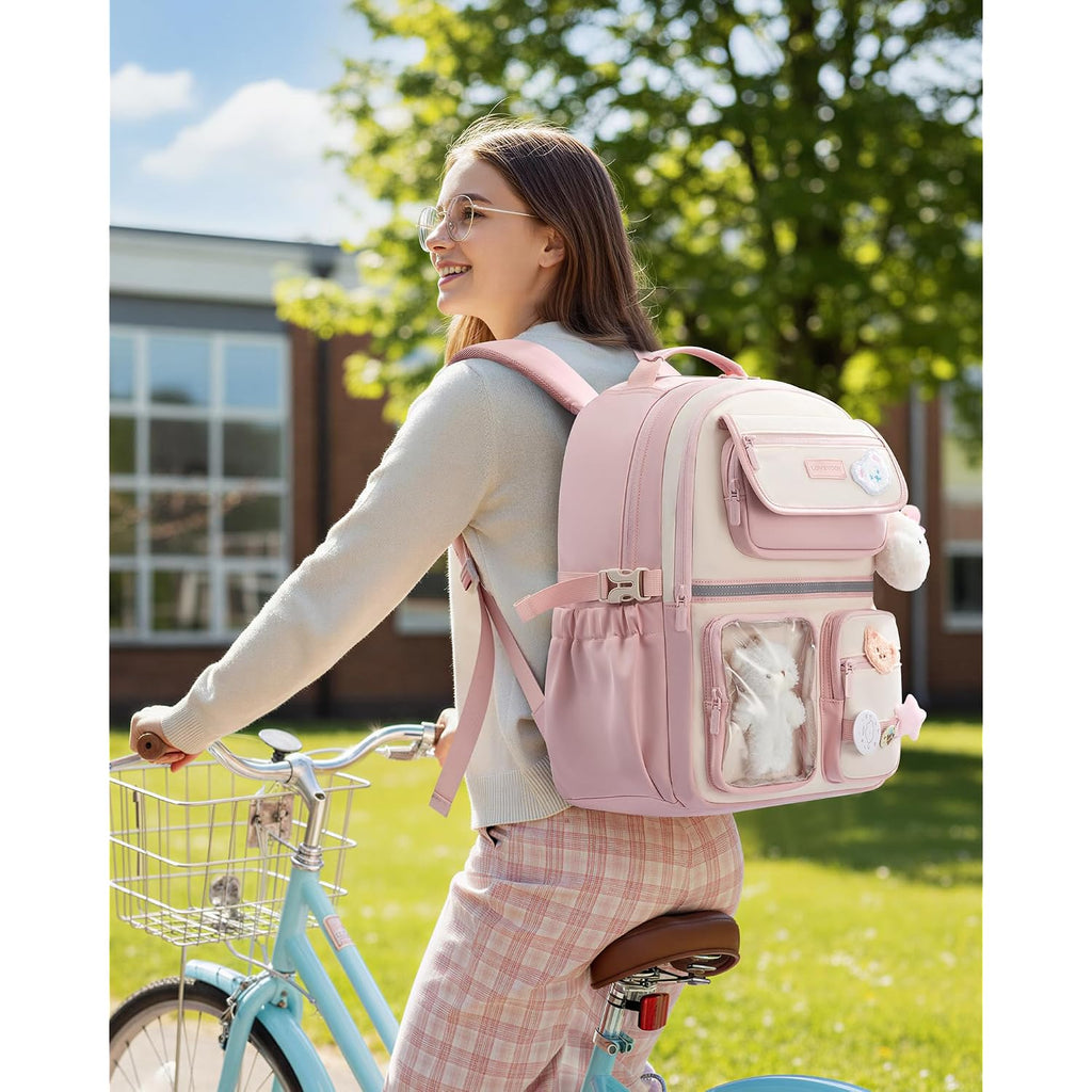 Lovevook School Backpack For Girls, Cute Bookbag For Teen 8-16, Diy Friendly 15.6" Laptop Backpack For Middle High College Student Back To School, Bag With Water Bottle Pocket For Travel, Pink