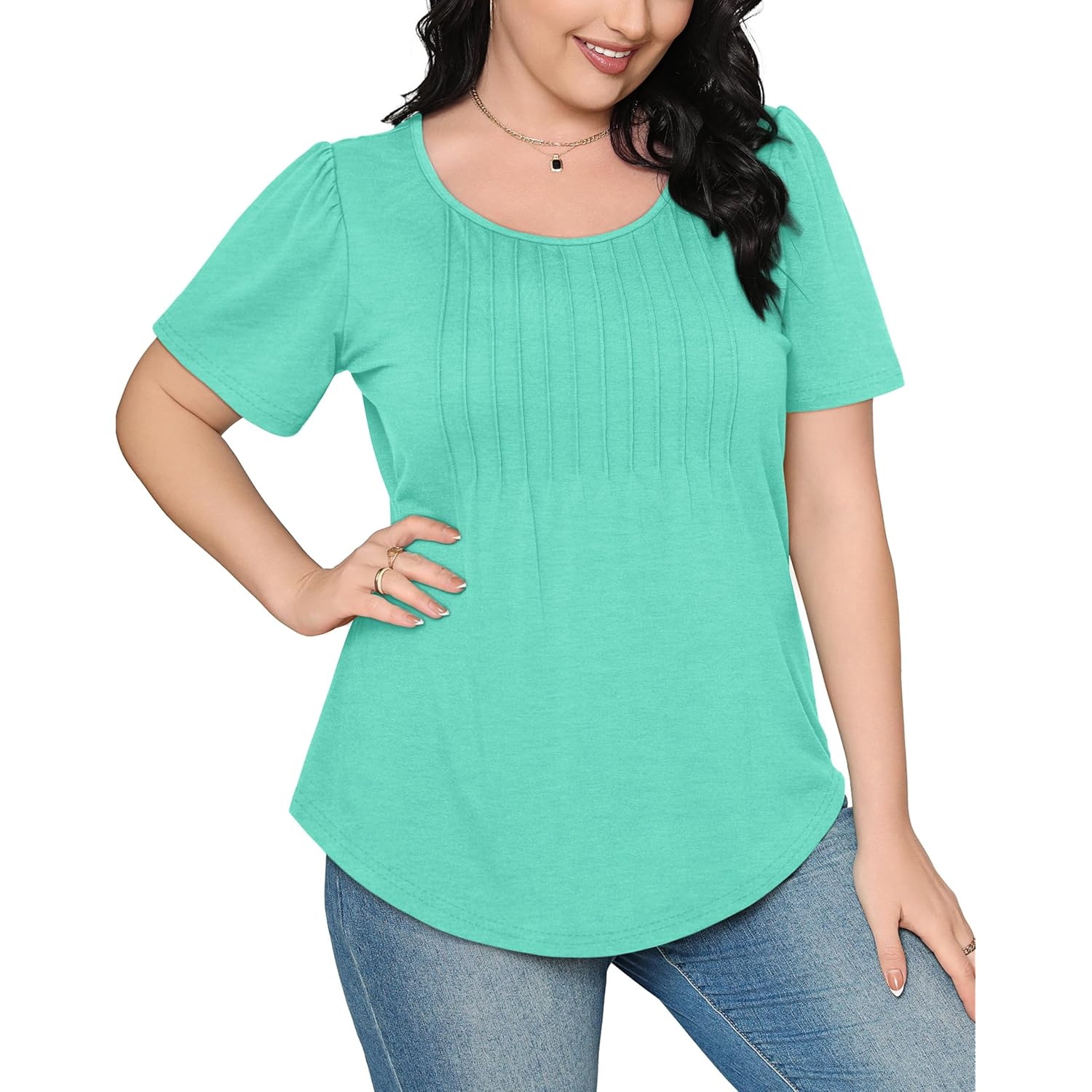 Womens T Shirts Short Sleeve Pleated Dressy Casual Scooped Neck Summer Tops Blouses