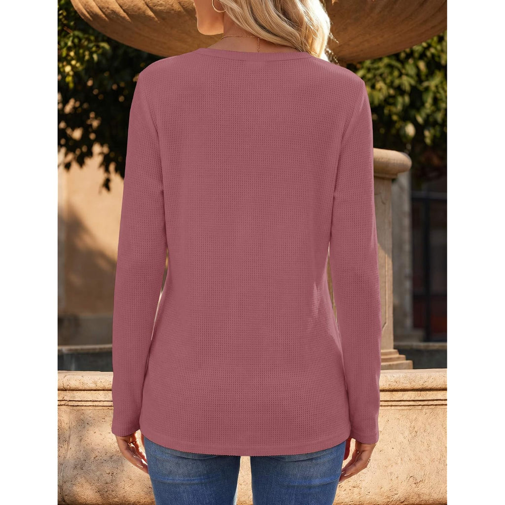 Zeagoo Women's Long Sleeve Waffle Knit Shirts Dressy Casual Loose Button Up V Neck Tops 2026 Fall Basic Tee Blouse