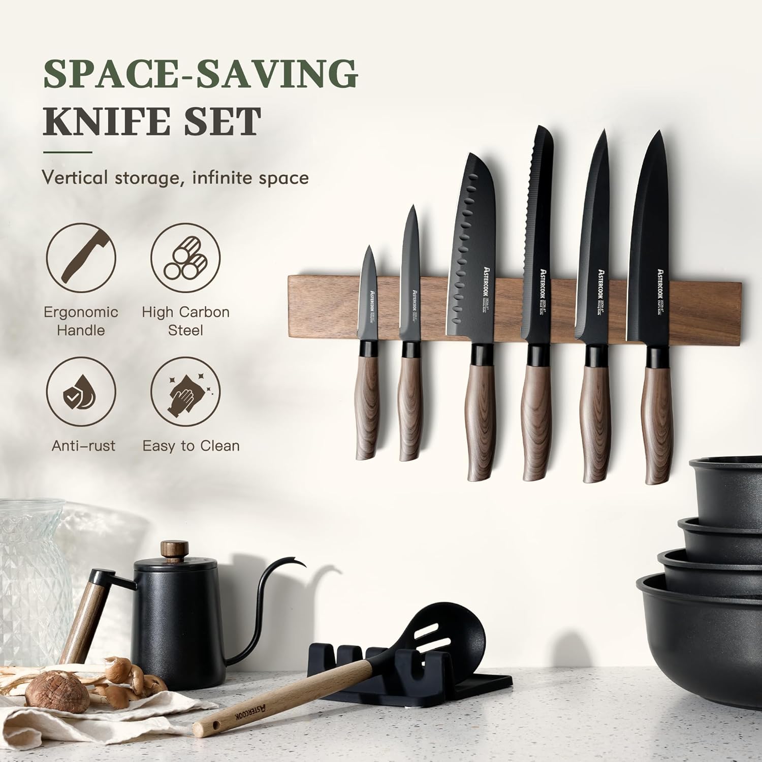 Astercook Knife Set, 13-Piece Kitchen Knives Set with 6 Blade Guards, Black Anti-Rust & Non-Stick Coating, Dishwasher Safe Stainless Steel Knives, Ergonomic Handle, Perfect for Holiday Gifts