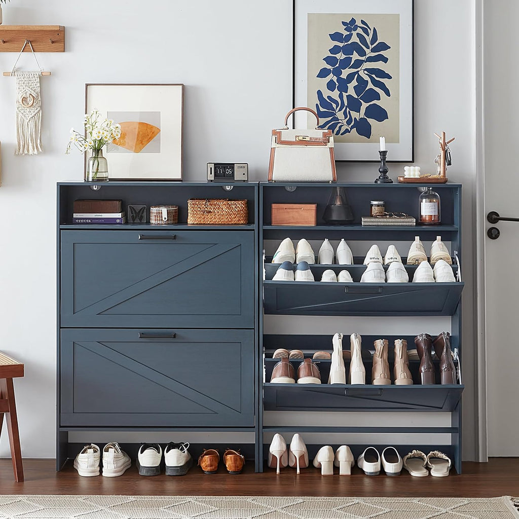 Rwyhg Shoe Cabinet Storage For Entryway With 2 Flip Drawers Open Storage Layer Rack Narrow Organizer Slim Hidden Wood Shoe Cabinet Furniture Blue