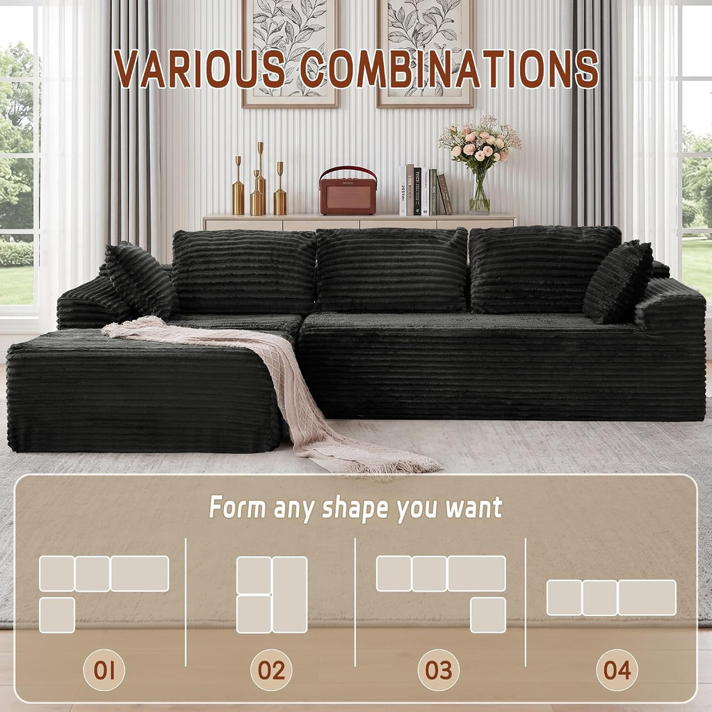 Korser 108" L-Shaped Modular Sectional Sofa With Chaise, Boneless Comfy Corduroy Fluffy Couch With Deep Seat And Side Pockets, Flexible Module Combination For Living Room, No Assembly, Side Pockets