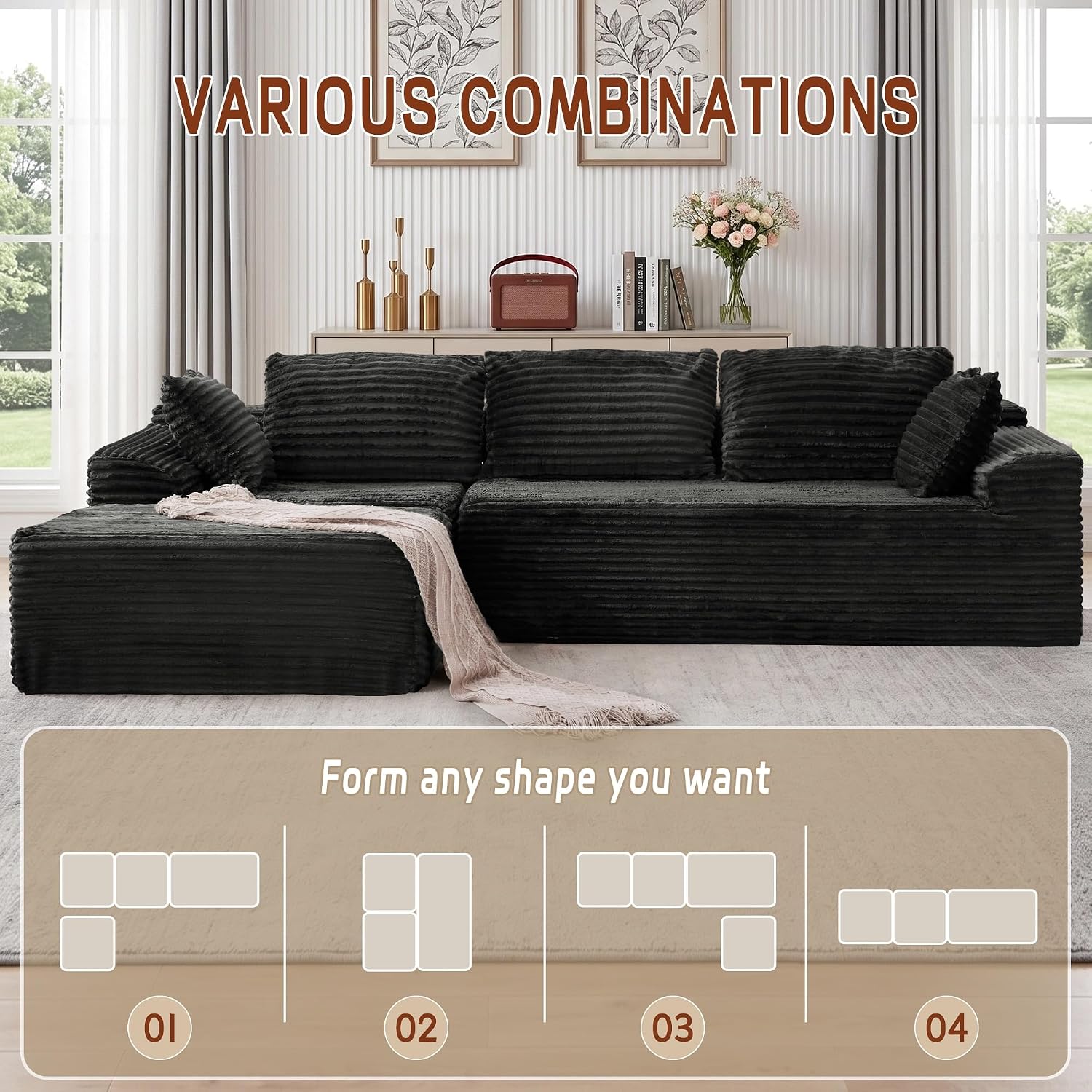 Korser 108" L-Shaped Modular Sectional Sofa With Chaise, Boneless Comfy Corduroy Fluffy Couch With Deep Seat And Side Pockets, Flexible Module Combination For Living Room, No Assembly, Side Pockets