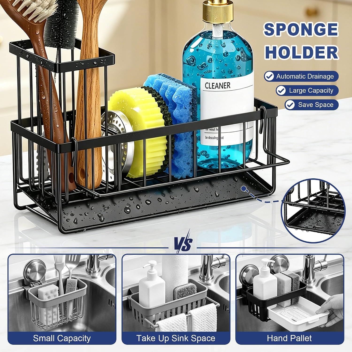 Sponge Holder For Kitchen Sink, Kitchen Sink Caddy, Kitchen Sink Sponge Holder, Dish Sponge Holder, Kitchen Sink Organizer For Sponge, Dish Brush, Scrubber(9.65" X 3.74" X 6.3", Black)