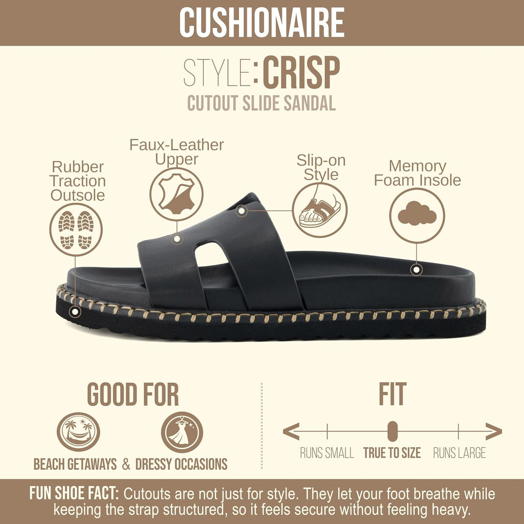 Cushionaire Crisp Women’S Slide Sandal – Faux Leather Cutout Slip-On With Artisan Stitching & Memory Foam, Wide Widths Available