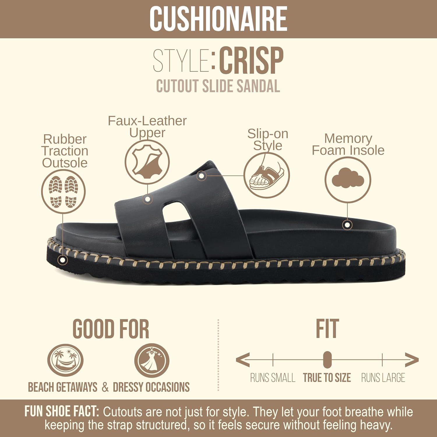 Cushionaire Crisp Women’S Slide Sandal – Faux Leather Cutout Slip-On With Artisan Stitching & Memory Foam, Wide Widths Available