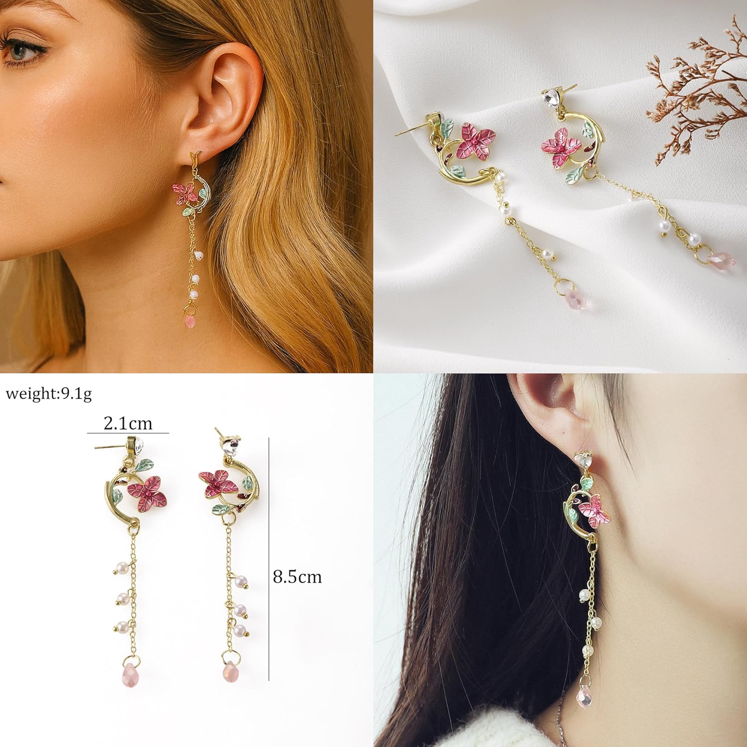 9 Pairs Floral Earrings Set Inspired Long Dangle Flower Leaf Designed Earrings With Pearl Accents And Tassel Details Hypoallergenic Statement Earrings for Women