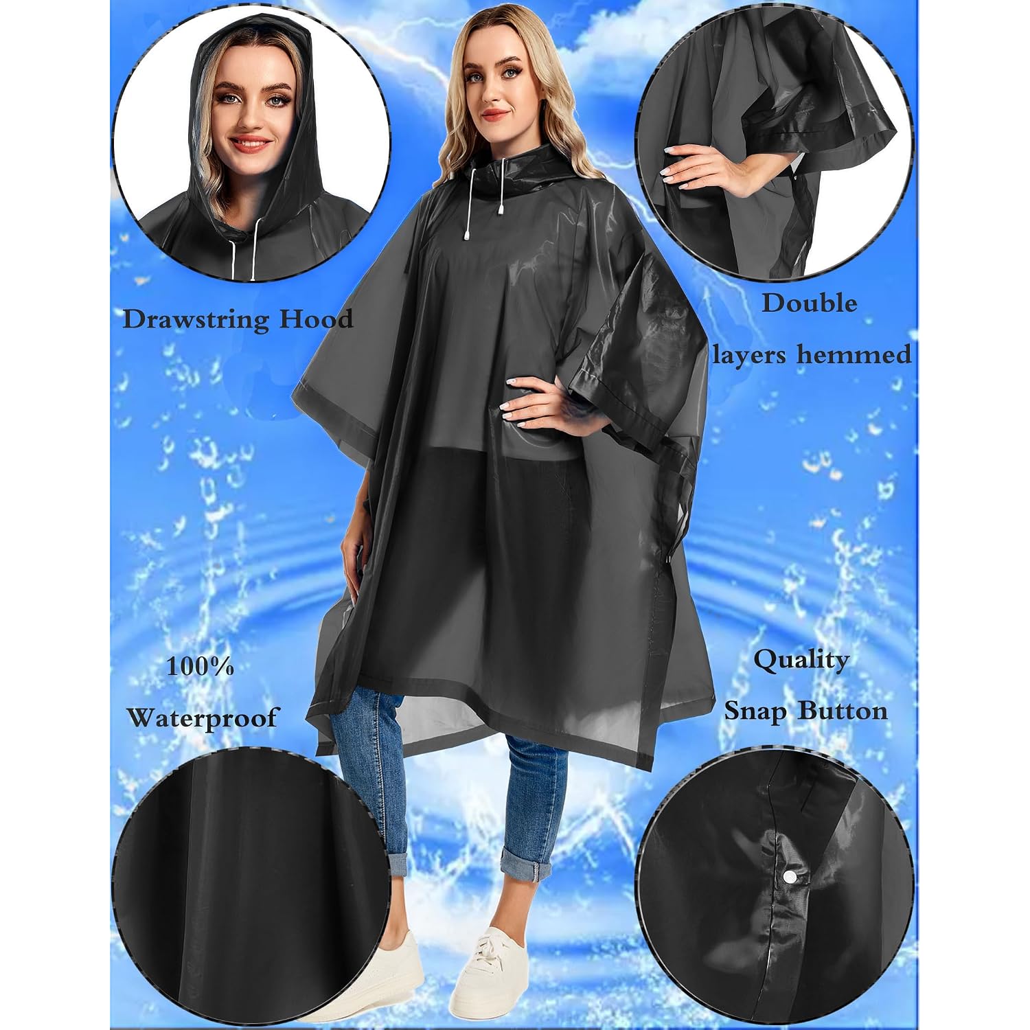 2 Pack Rain Ponchos For Adults Reusable - Raincoats Survival Emergency Heavy Duty Rain Coat With Drawstring Hood