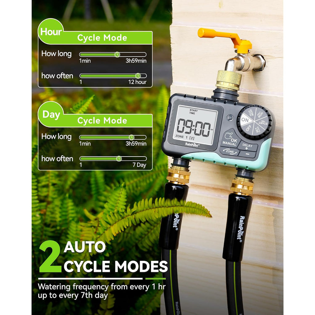 Rainpoint 2 Zone Sprinkler Timer With Brass Inlet And Outlet - Water Timer For Garden Hose With Rain Delay/Manual Watering/Automatic Irrigation Controller System For Yard Lawn Garden(Blue)