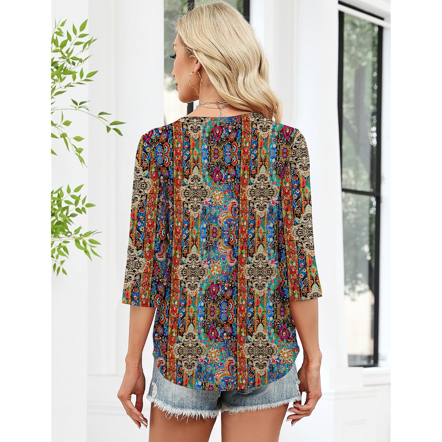 LOMON 3/4 Length Sleeve Womens Tops Dressy Casual Henley V Neck Blouses Loose Fit Tunics 2026 Trendy Summer Outfits