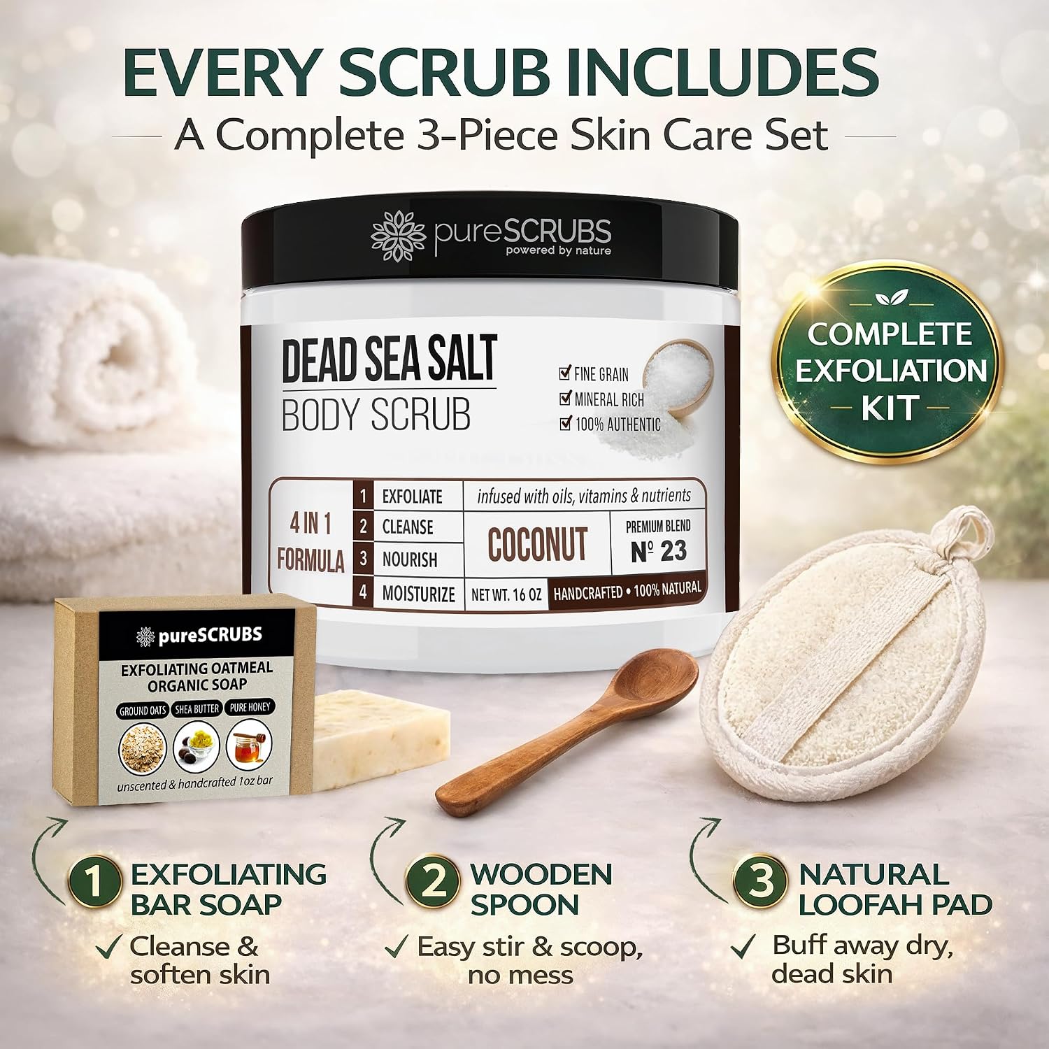 Premium Coconut Body Scrub Set, Exfoliating Dead Sea Salt Scrub | Ultra Skin Smoothing, Deeply Moisturizing Body Exfoliator, Shower Scrub For Rough, Dry Skin, Includes Loofah, Spoon & Soap