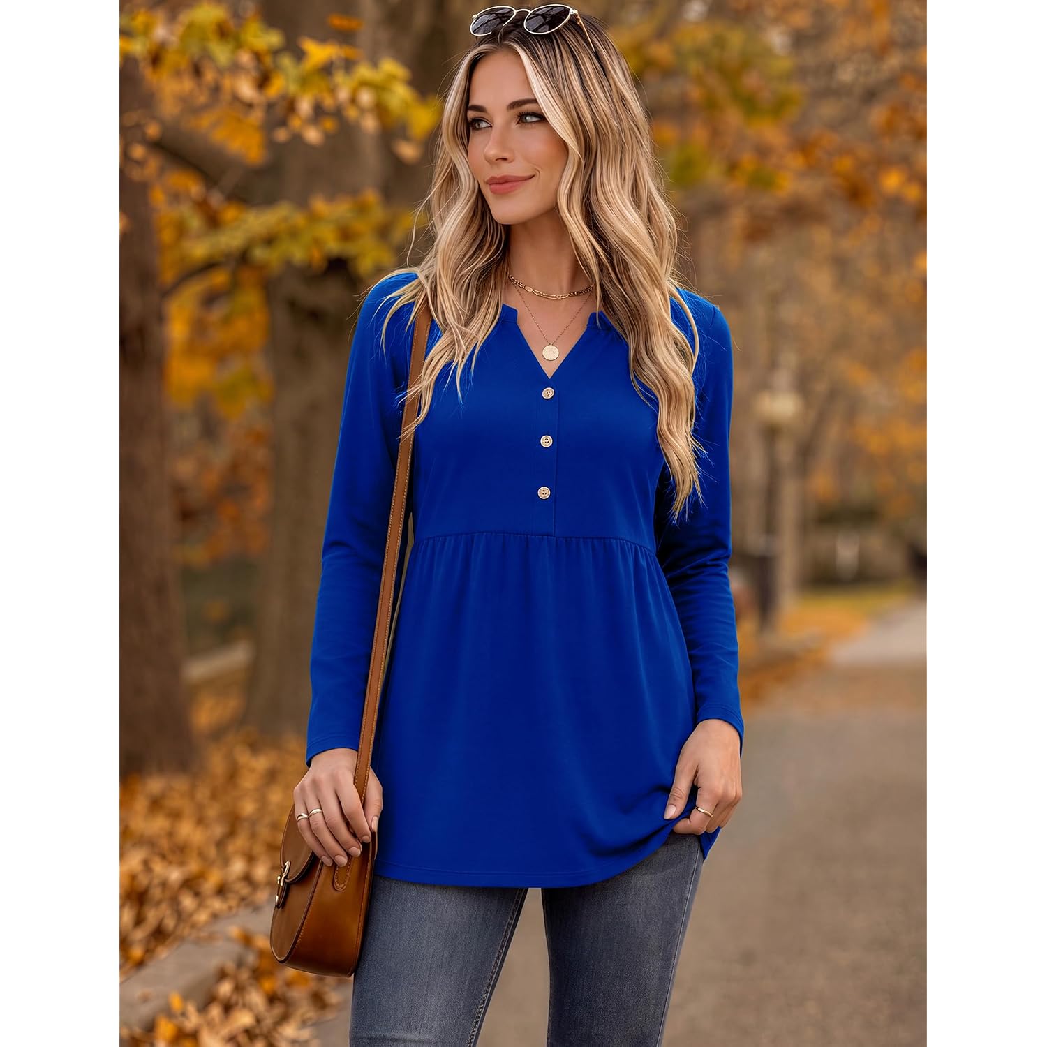 Zeagoo Women Blouses Long Sleeve Shirts Boho Henley V Neck Tops Business Casual Loose Pleated Fashion Clothing