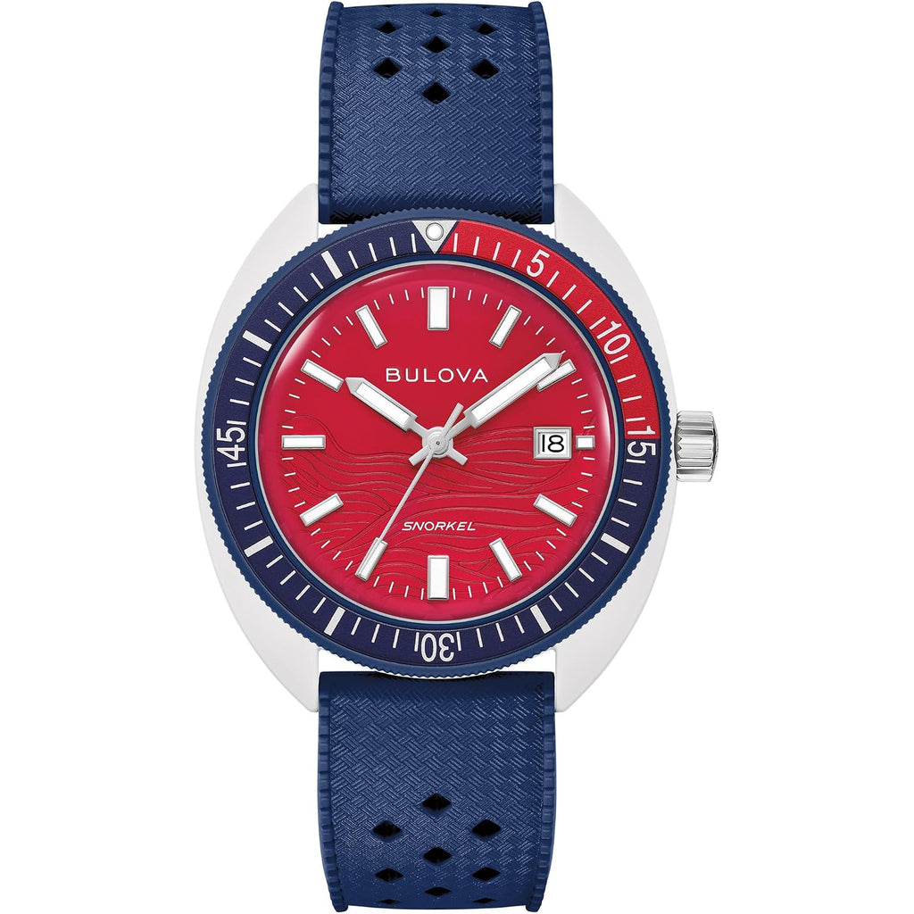 Bulova Men'S Snorkel - America'S 250Th Sail 4Th Special Edition: 41Mm White Hybrid-Ceramic Case With A Blue Rubber Strap & Red Dial (Style: 98B474)