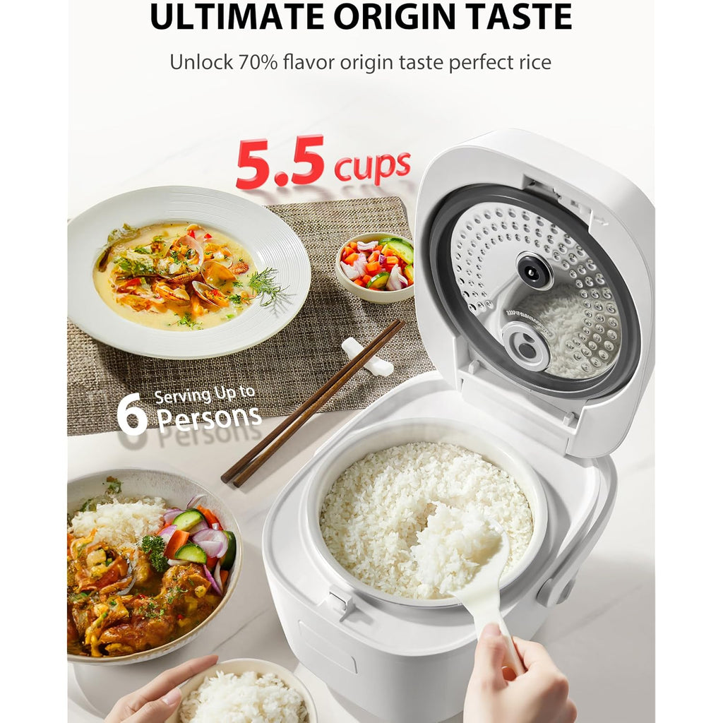 Toshiba Origintaste Rice Cooker 5.5-Cup Uncooked, Fuzzy Logic, 15-In-1 Functions, Digital Display, Delay Timer, Keep Warm, Nonstick Inner Pot, White