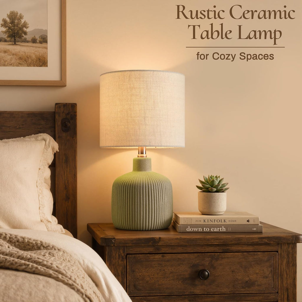 Ceramic Table Lamp, Oliver Green, 17.75" | Beige Linen Shade, Warm Ambient Lighting, Bedside Nightstand, Natural