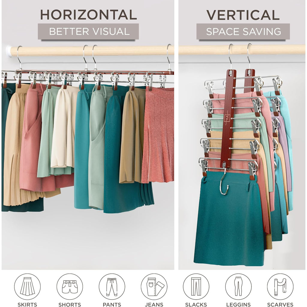 Skirt Hangers Space Saving With Clips - 2 Pack - European Beechwood 5-Tier Hanger For Shorts, Skirts, And Pants - Closet Organizer And Storage Solution For Women With 360° Swivel Hook