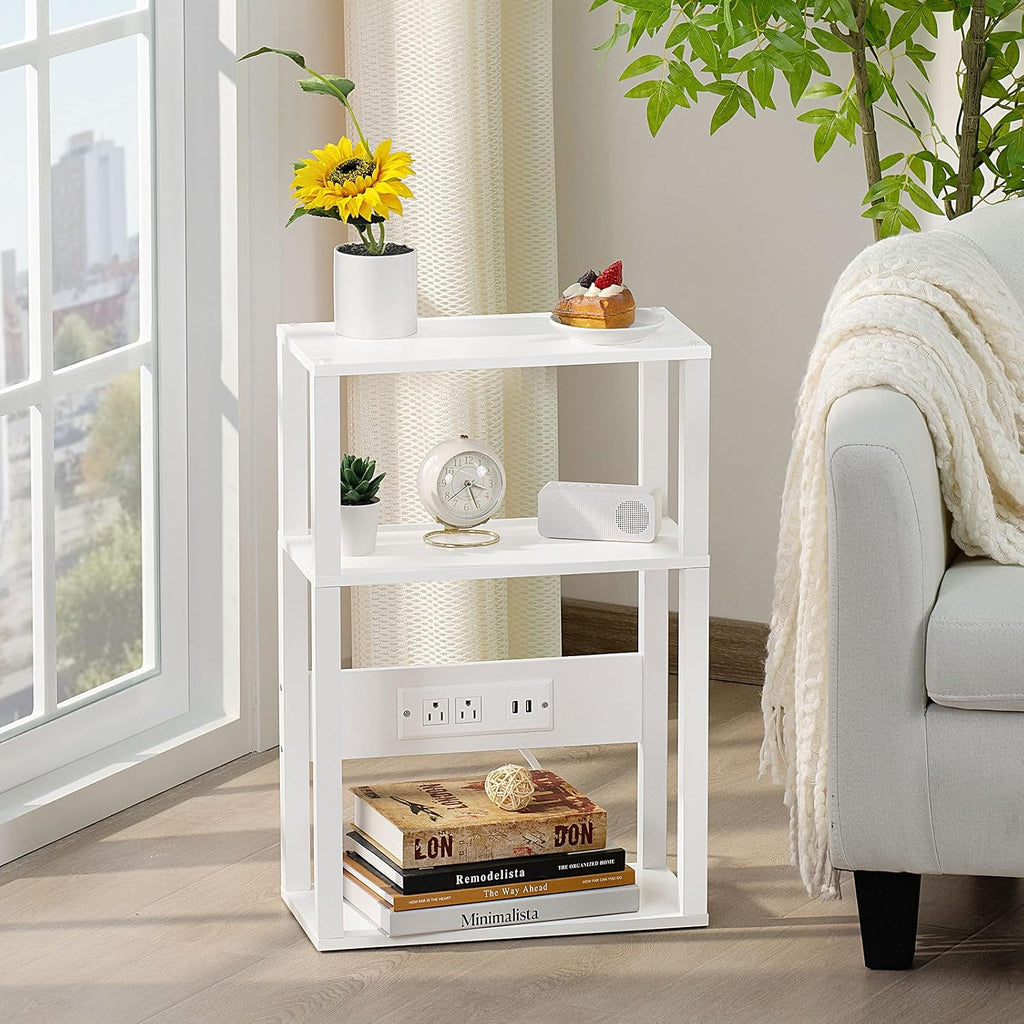3-Tier Small Narrow Wood Side Table With Charging Station, Skinny Nightstand For Small Space, Slim Bedside Table With Storage For Couch, Thin End Table With Usb Ports And Outlets, White