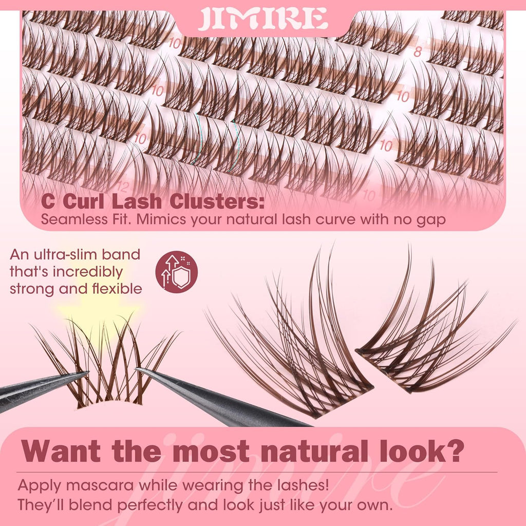 Brown Lash Clusters 8-12MM Short Lashes Clusters Wispy Individual Lashes with Clear Band C-Curly Cluster Eyelash Extensions 120Pcs DIY Lash Extensions at Home by JIMIRE