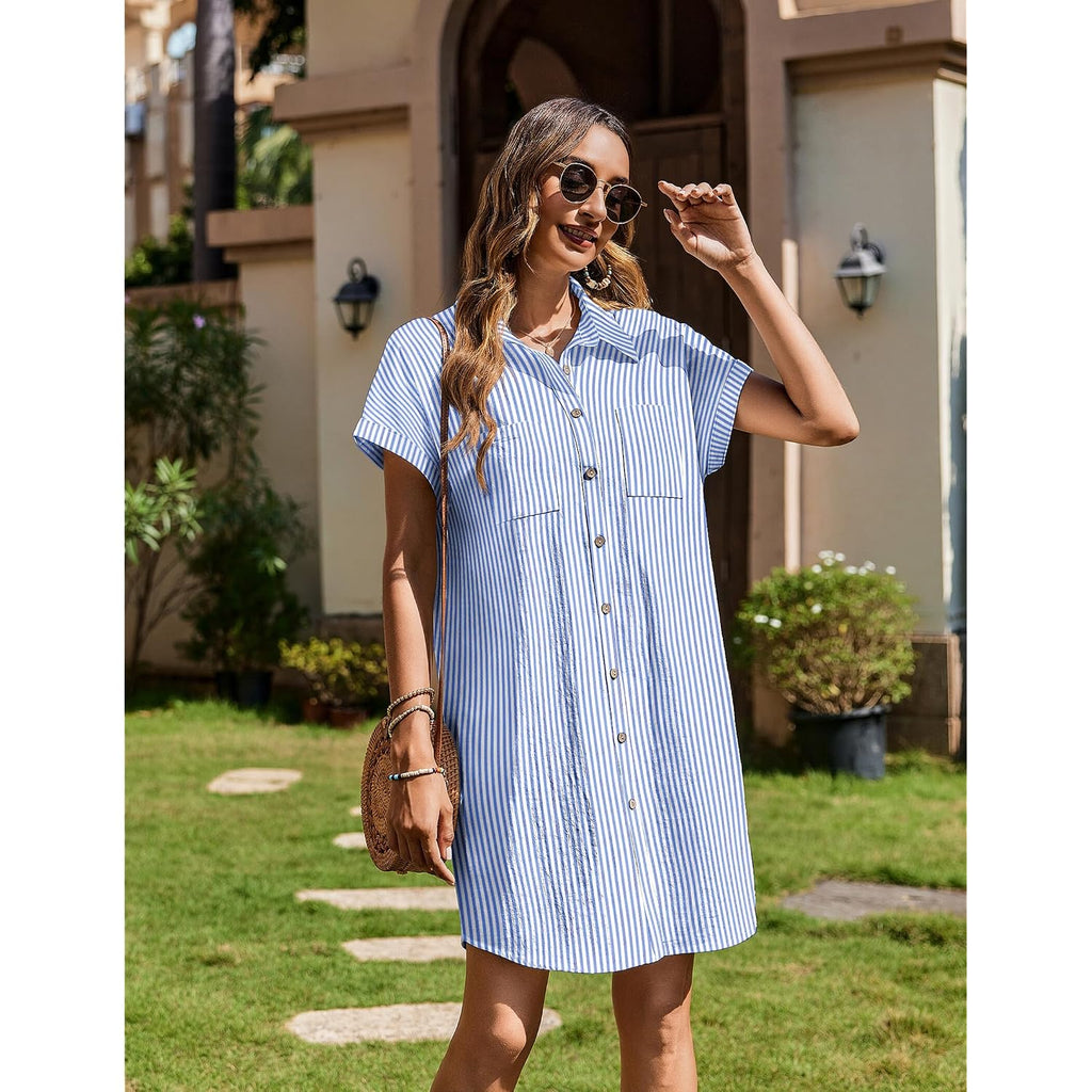 Zeagoo Summer Dresses For Women 2026 Cotton Button Down Short Sleeve Tshirt Dresses Casual Mini Beach Dress