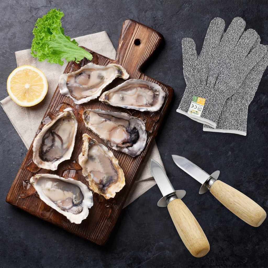Mybmhtnb Oyster Shucking Knife Set Of 2 Stainless Steel Oyster Knifes And 2 Pairs Level 5 Cut-Resistant Gloves，Oyster Knives Suitable For All Kinds Of Shells And Oysters Shucking