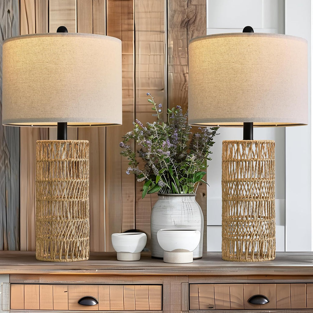 22.5" Boho Table Lamps Set Of 2 For Living Room, Bedside Lamp For Nightstands, Rattan Lamp For Bedroom, Farmhouse Table Lamp For Room Decor, End Table, Retro, Brown（Not Include Bulbs）
